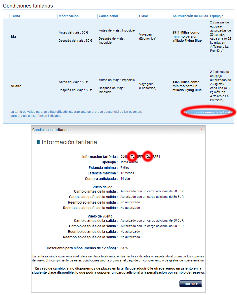 Dónde encontrar el código de tarifa al reservar en la web de Air France