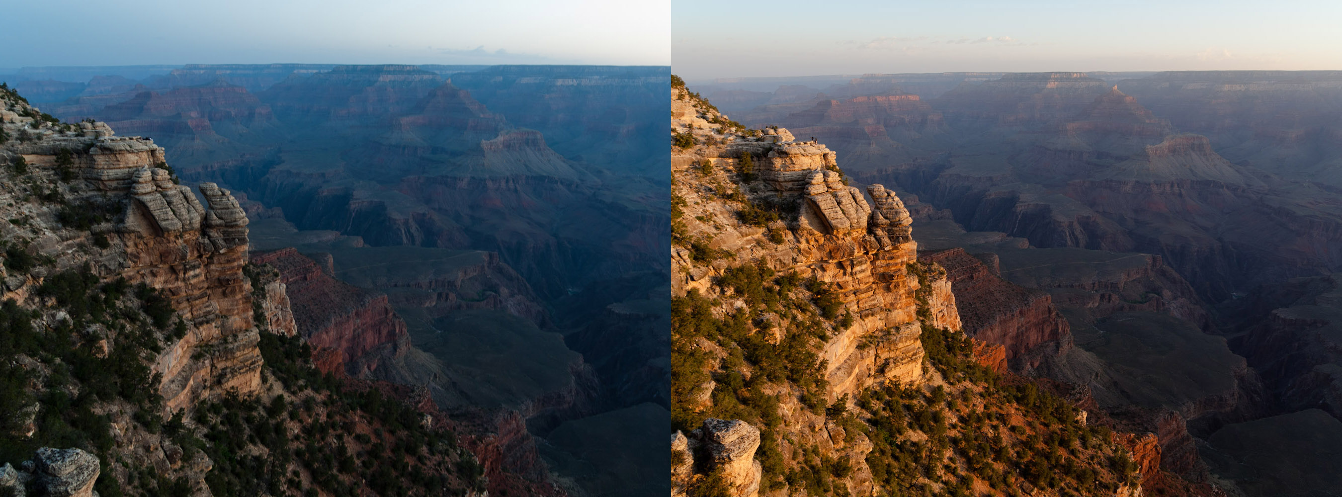 El Gran Cañón despierta: antes y después de la salida del sol
