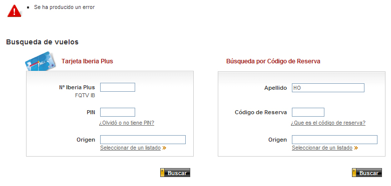 Error en la web de Iberia al tratar de facturar con un apellido de menos de tres letras