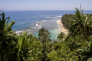 Playa Ke'e vista desde el sendero Kalalau, isla de Kauai, Hawaii, EE.UU.